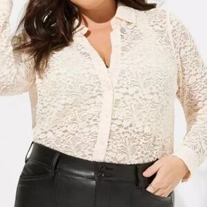 Torrid Lizzie Chenille Lace Semi-sheer Button Down Shirt Cream Fairy Feminine 2X